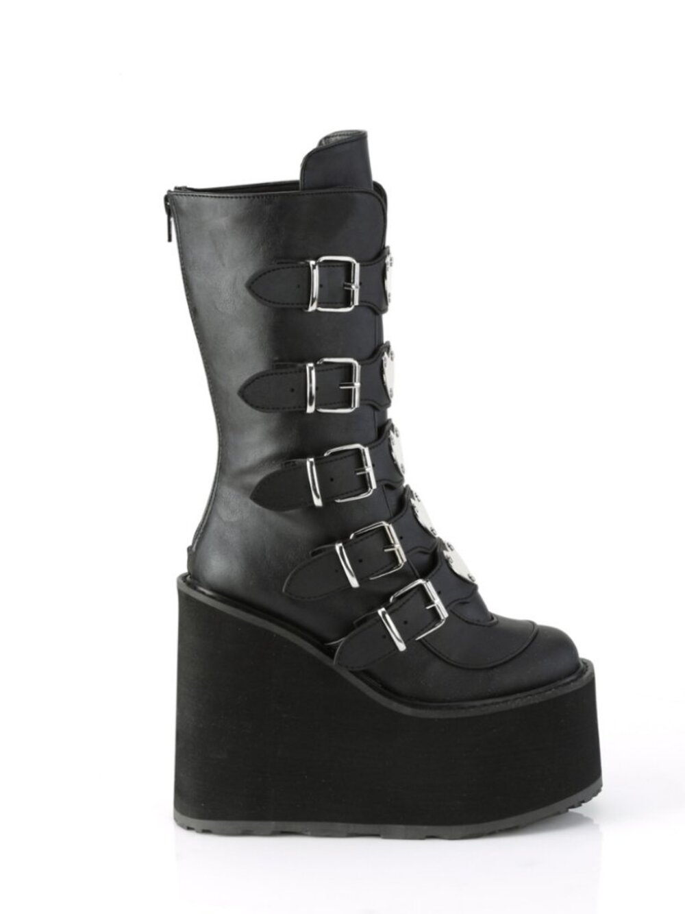 Black Vegan Leather Mid-Calf Boots with Heart Metal Plate Buckle Straps